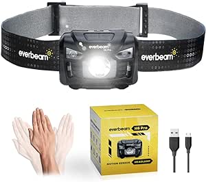 Everbeam H6 Pro LED Head Torch Headlamp, Motion Sensor Control, 650 Lumen Bright 20 Hours Runtime 1200mAh Battery Powered USB Rechargeable Waterproof Headlight Flashlight, Camping Hiking Fishing Work