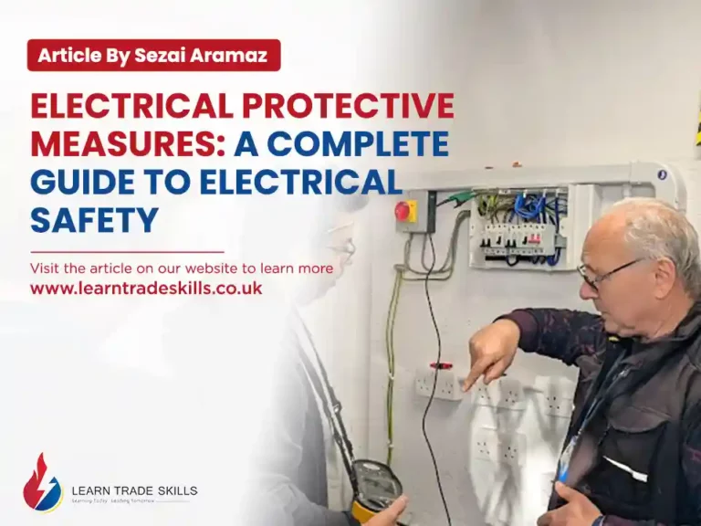 A visually engaging banner illustrating key electrical protective measures as per the 18th Edition regulations. The banner features essential safety components such as automatic disconnection of supply (ADS), double or reinforced insulation, protective earthing, residual current devices (RCDs), equipotential bonding, electrical separation, and extra-low voltage (ELV) systems. The design includes icons and diagrams representing circuit breakers, fuses, grounding symbols, and insulation layers, with a professional and modern aesthetic to emphasize electrical safety and compliance