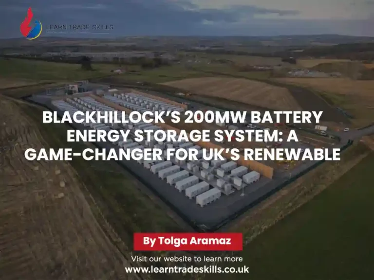 A visually striking banner featuring the Blackhillock 200MW Battery Energy Storage System in the background, showcasing cutting-edge energy storage technology. The title 'Blackhillock’s 200MW Battery Energy Storage System: A Game-Changer for UK’s Renewable Grid' is prominently displayed on top, with 'Written by Tolga Aramaz' positioned above it, ensuring clear author attribution
