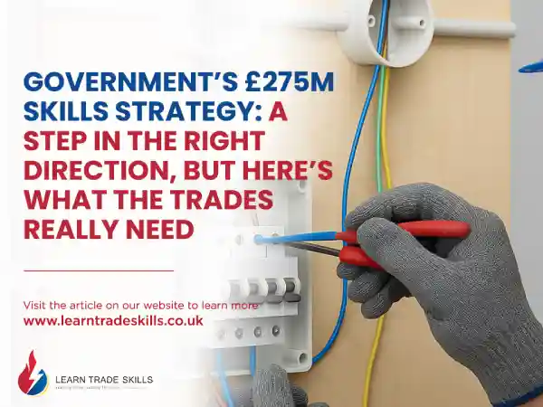 A promotional graphic for Learn Trade Skills featuring a close-up of a person in safety gloves using red pliers to work on an electrical consumer unit with blue and yellow wires. On the left side, bold text reads: “Government’s £275m Skills Strategy: A step in the right direction, but here’s what the trades really need.” Below the headline is a call to action directing viewers to www.learntradeskills.co.uk, alongside the Learn Trade Skills logo and tagline.