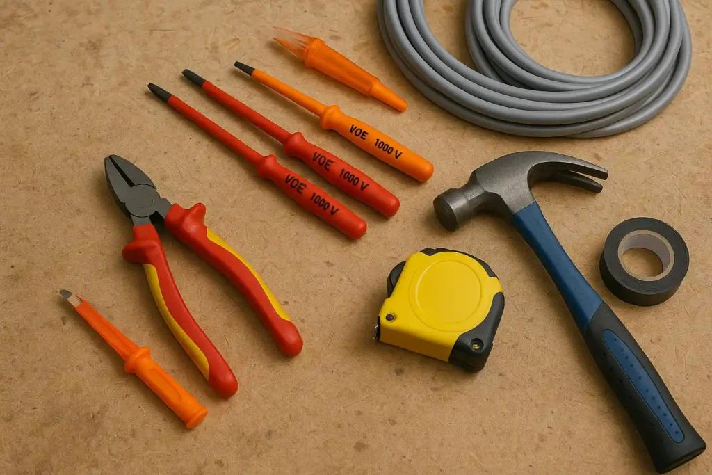 A realistic top-down view of essential electrician tools laid out neatly on a wooden workbench, including insulated screwdrivers, combination pliers, voltage tester, claw hammer, electrical tape, measuring tape, and coiled grey electrical wire