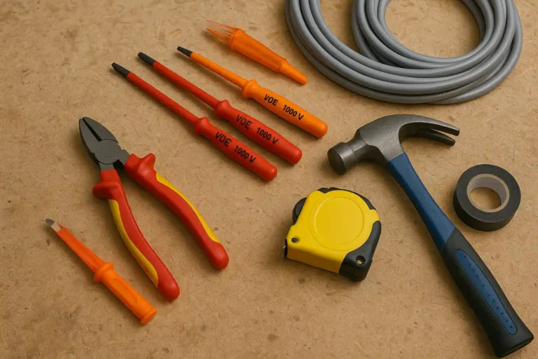A realistic top-down view of essential electrician tools laid out neatly on a wooden workbench, including insulated screwdrivers, combination pliers, voltage tester, claw hammer, electrical tape, measuring tape, and coiled grey electrical wire