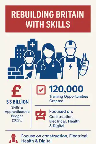 A clean, bold infographic with a red and blue theme on a white background. The title “Rebuilding Britain with Skills” is displayed in a large red banner at the top. Below, three illustrated figures represent core sectors: a construction worker with bricks and trowel, a healthcare professional with a stethoscope, and an electrician holding pliers, all set against a blue cityscape. Key statistics are highlighted underneath: a red pound icon with “£3 Billion Skills & Apprenticeship Budget (2025),” a red checkmark box with “120,000 Training Opportunities Created,” and a training icon noting a focus on “Construction, Electrical, Health & Digital.” A smaller icon reiterates this sector focus at the bottom.