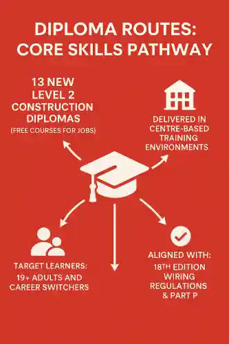 A bold red infographic titled “DIPLOMA ROUTES: CORE SKILLS PATHWAY” with a central graduation cap icon. Four white arrows radiate outward, pointing to icons representing: 13 new Level 2 construction diplomas (Free Courses for Jobs), centre-based training environments, alignment with 18th Edition Wiring Regulations & Part P, and the target group of 19+ adult learners and career switchers. All text is minimal and placed beside clear, intuitive icons.