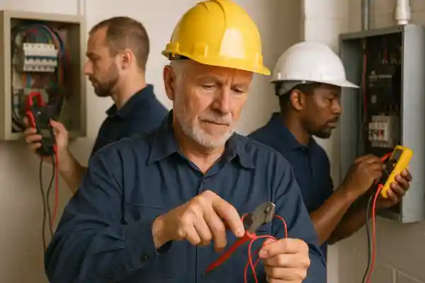 A group of three male electricians from different age and ethnic backgrounds working on electrical systems. The older man in the foreground wears a yellow hard hat and uses pliers on red wires, while two younger men in the background use testing equipment near circuit breaker panels. All are dressed in navy blue uniforms and safety helmets, representing diversity and teamwork in the electrical trade.