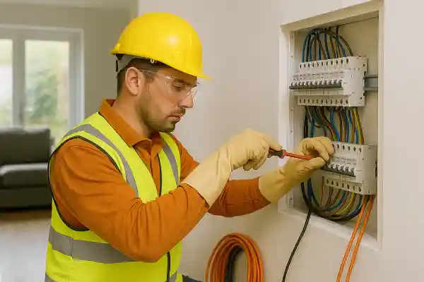 A professional domestic electrician wearing a yellow hard hat, high-visibility vest, and insulated gloves uses a screwdriver to adjust circuit breakers inside a wall-mounted consumer unit in a bright residential setting, with visible colour-coded wiring and natural light from a nearby window