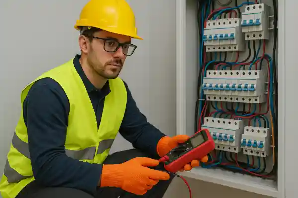 Professional electrician wearing PPE, including a yellow hard hat, high-visibility vest, and orange insulated gloves, kneeling beside an open electrical panel while using a digital multimeter to test connections. The panel features neatly arranged circuit breakers and colored wiring, indicating a structured industrial setting.