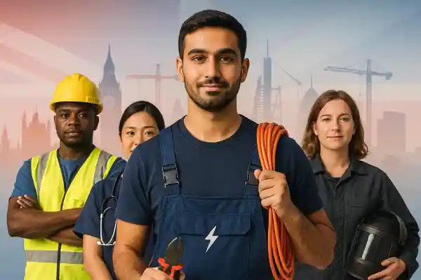 A high-resolution 5:3 banner image showing a diverse group of four British professionals standing confidently. At the centre is a male electrician holding pliers and an orange cable, flanked by a Black male construction worker in a yellow hard hat, an Asian female nurse with a stethoscope, and a white female welder holding a helmet. Behind them is a stylised London skyline with Big Ben, The Shard, cranes, and the UK flag subtly overlaid in red and blue tones.