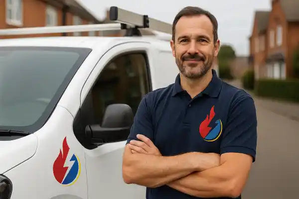 A middle-aged electrician stands confidently with arms crossed in front of his white service van on a suburban UK street. He wears a navy blue polo shirt featuring a flame and lightning bolt logo, while the same logo is displayed on the van door behind him.