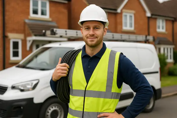 UK electrician in PPE safety gear standing in front of a white van and suburban home, holding electrical cable, ready for installation work.