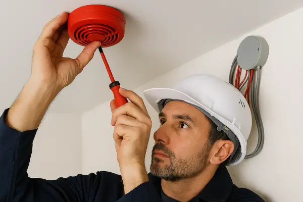 Electrician in Hertfordshire installing a red fire alarm on a ceiling, wearing a white hard hat and using a screwdriver – UK fire alarm training