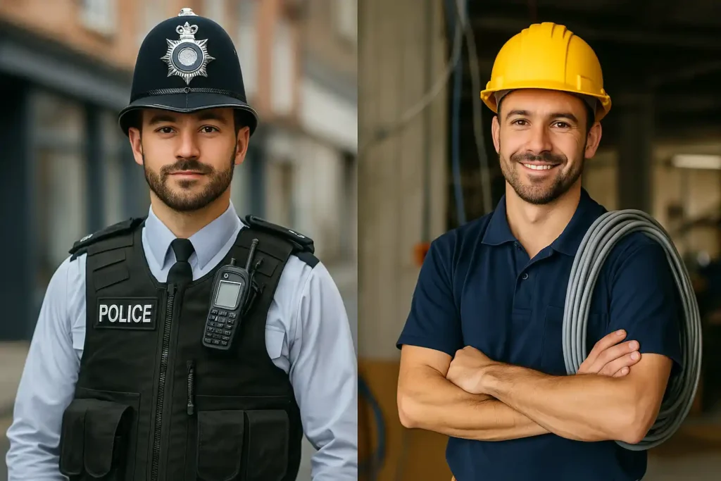 Side-by-side comparison: on the left, a UK police officer in uniform wearing a helmet and protective vest, standing in an urban street; on the right, an electrician in a yellow hard hat and navy work shirt, smiling with electrical cable over his shoulder inside a building site