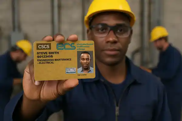 A UK electrician wearing a yellow hard hat and navy overalls holds up his ECS Gold Card in focus, showing his photo and details, while colleagues work in the blurred background of an industrial site.