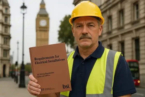 A middle-aged UK electrician wearing a yellow hard hat and high-visibility vest stands in front of Big Ben and a London street. He holds the brown-covered IET Wiring Regulations, Eighteenth Edition – Requirements for Electrical Installations book clearly toward the camera, with a serious expression.