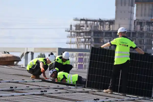 Learn Trade Skills trainees installing solar panels on site under supervision, practising safe working at height and manual handling as part of CPD electrical training
