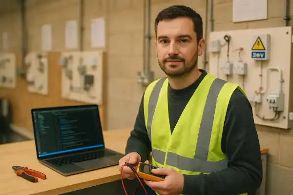 A man in his 30s wearing a high-visibility vest stands in a UK electrical training workshop, holding a multimeter beside a laptop displaying computer code. The scene symbolises a career change from software development to electrical installation, with wiring boards and British plug sockets visible in the background.